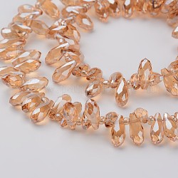 Electroplate Glass Beads Strands, Top Drilled Beads, Faceted Teardrop, PeachPuff, 9x4mm, Hole: 1mm, about 102pcs/strand, 13.3 inch