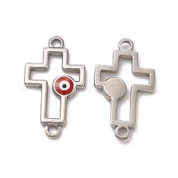 201 Stainless Steel Connector Charms, with Enamel, Corss Links with Evil Eye, Stainless Steel Color, Red, 24x13.5x2mm, Hole: 2mm