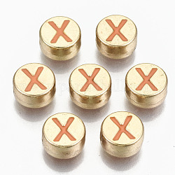 Legierung Emaille-Perlen, cadmiumfrei und bleifrei, flach rund mit Anfangsbuchstaben, Licht Gold, orange, letter.x, 8x4 mm, Bohrung: 1.5 mm