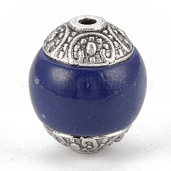 Perline  indonesia fatto a mano, con accessori in lega, tondo, argento antico, blu, 14x14~15mm, Foro: 1.5 mm