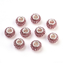 Perline europei Rhinestone del grado A, perline con foro grande, resina, con anima in ottone placcato color argento, rondelle, roso chiaro, 12x8mm, Foro: 4 mm