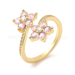 Кубический цирконий цветок открытые манжеты кольца, настоящие 16-каратные позолоченные латунные украшения для женщин, розовые, размер США 6 (16.5 мм)
