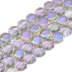 Fili di perle di vetro traslucido placcatura, mezzo placcato, sfaccettato, ottagono, lilla, 7~8x7~8x4mm, Foro: 1.2 mm, circa 72pcs/filo, 20.47 pollice (52 cm)
