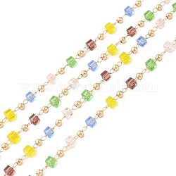 Facettiertes Würfelglas und runde Perlenketten, mit hellem Gold Messing Zubehör, gelötet, Gelb, 3.5x3.5x3.5 mm, 2x2 mm