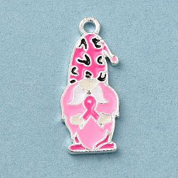 Pendentifs en alliage d'émail sur le thème du ruban de sensibilisation rose contre le cancer du sein, couleur d'argent, gnome, 23x9.5x1.5mm, Trou: 1.5mm