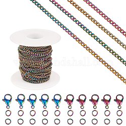 Kit de fabricación de conjunto de joyería de cadena de diy, incluyendo el revestimiento de iones de color del arco iris (ip) 304 cadena de cable de 5 m de acero inoxidable y 10 cierres y 20 anillos de salto, 1 carrete de plástico, color del arco iris, cadenas de cable: 4x3x0.7mm
