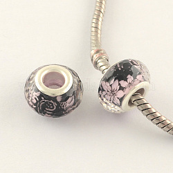 Large Hole Flower Pattern Acrylic European Beads, with Silver Tone Brass Double Cores, Faceted Rondelle, Pink, 14x9mm, Hole: 5mm