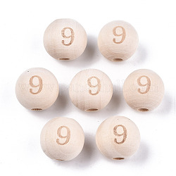 Perles européennes en bois naturel non fini, Perles avec un grand trou   , motif gravé au laser, rond avec numéro, num. 9, 15~16x14~15mm, Trou: 4mm