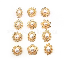 12Pcs 12 Style Crystal Alloy Rhinestone Brooches Set, Flower & Oval & Teardrop with Imitation Pearl Beads Lapel Pins for Wedding Party, Golden, 32~40.5x28~35x12~16mm, 1pc/style