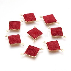 Connettori per maglie in ottone, con velluto, quadrato, vero placcato oro 18k, rosso, 21x14x2mm, Foro: 1.2 mm