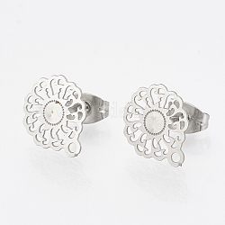 304 Stainless Steel Stud Earring Findings, with Loop, Flower, Stainless Steel Color, 12.5x10.5mm, Hole: 1mm, pin: 0.7mm
