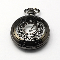 Старинные полые плоские круглые цинкового сплава кварцевые часы головки для карманные часы кулон ожерелье материалы, античная бронза, металлический черный, 59x46x14 мм, отверстие : 16x4 мм