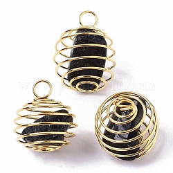 Ciondoli a gabbia di perline a spirale avvolgenti in ferro, con all'interno perle di tormalina nera naturale, tondo, oro, 21x24~26mm, Foro: 5 mm