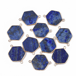 Connecteurs de liens naturels lapis lazuli, avec dos ouvert en laiton doré, hexagone, 35x25x3.5mm, Trou: 2mm
