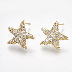 Brass Micro Pave Cubic Zirconia Stud Earring Findings, with Loop, Starfish/Sea Stars, Clear, Nickel Free, Real 18K Gold Plated, 13x14mm, Hole: 1mm, Pin: 0.7mm