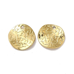 Ion Plating(IP) 304 Stainless Steel Pendants, Textured, Flat Round Charm, Real 18K Gold Plated, 15x1mm, Hole: 1.6mm