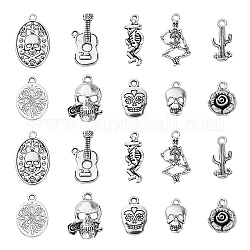 100Pcs 10 Style Tibetan Style Alloy Pendants, Cadmium Free & Lead Free, Mexican Day of the Dead, Skull & Flower & Cactus, Antique Silver, 17~25x9~17x2~5mm, Hole: 2mm, 10pcs/style