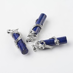 Tubes lazuli naturel pendentifs lazuli, avec les accessoires en laiton de dragon, platine, 48x15x10mm, Trou: 7x5mm