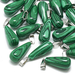 Synthetic Malachite Pendants, with Stainless Steel Snap On Bails, teardrop, 28~30x10~12mm, Hole: 6x4mm
