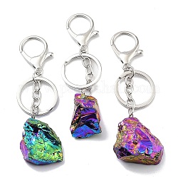 Electroplated Natural Quartz Crystal Keychain, with Platinum Plated Iron Split Key Rings, Nuggets, Colorful, 10~10.8cm