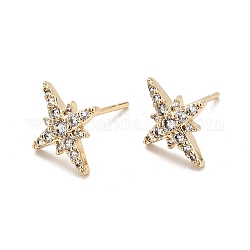 Clous d'oreilles étoile en zircone cubique transparente, bijoux en laiton pour femmes, Sans cadmium & sans nickel & sans plomb, véritable 18k plaqué or, 12x10mm, pin: 0.7 mm