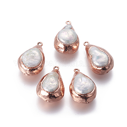 Pendentifs de perles d'eau douce de culture naturelle, avec les accessoires en laiton, larme, or rose, 29.5~32x18~19.5x13.5~14mm, Trou: 1.8mm