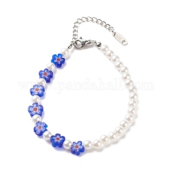 Bracelet femme imitation perle plastique & perles verre millefiori, bleu, 7-1/4 pouce (18.5 cm)