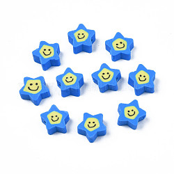 Abalorios de arcilla polimérica hechos a mano, estrella con la cara sonriente, azul dodger, 7.5~9x8.5~9x3.5~4mm, agujero: 1.6 mm