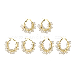 3 Pair 3 Size Natural Pearl Beaded Hoop Earrings, 304 Stainless Steel Wire Wrap Jewelry for Women, Real 18K Gold Plated, 31.5~42x37~46x8mm, Pin: 0.6~1.2x0.6mm, 1 Pair/size
