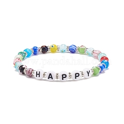 Mot heureux bracelet, Bracelet extensible en perles de verre et lettre acrylique millefiori coloré pour femme, Motif de lettre, diamètre intérieur: 2-1/8 pouce (5.5 cm)