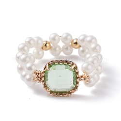 Bague en verre carré bling, bague tressée en perles de nacre vintage pour fille femme, or, vert clair, nous taille 9 (18.9 mm)