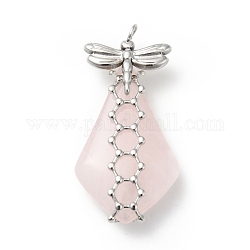 Natural Rose Quartz Pendants, Teardrop Charm, with Stainless Steel Color Plated 304 Stainless Steel Dragonfly Findings, 35~40x18~20x8~10mm, Hole: 3mm