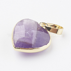 Natural Amethyst Pendants, with Brass Findings, Faceted, Heart, Golden, 14~15x12~12.5x4.5~5.5mm, Hole: 4x6mm