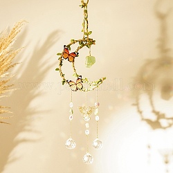 Aventurina verde natural que cuelga la decoración del colgante del suncatcher, Luna con mariposa, lámpara de techo de cristal, colgantes de prisma de bola, 450~480mm