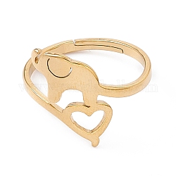 Ion Plating(IP) 201 Stainless Steel Elephant with Heart Adjustable Ring for Women, Real 18K Gold Plated, US Size 6 1/4(16.7mm)