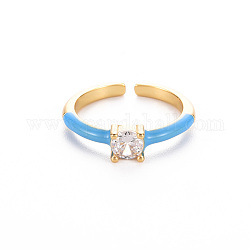 Anillos de brazalete de latón esmaltado, anillos abiertos, anillos de solitario, con un claro zirconia cúbico, sin níquel, plano y redondo, dorado, azul dodger, nosotros tamaño 7 (17.3 mm)