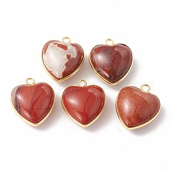 Ciondoli diaspro rosso naturale, con i risultati in ottone placcato oro, charms cuore, 18~19x15~17x7~10mm, Foro: 2 mm