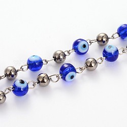 Main mauvais oeil perles rondes de Murano chaînes pour création de colliers bracelets, avec des perles de verre rondes plaquées et une épingle à oeil en fer platine, non soudée, bleu, 39.3 pouce