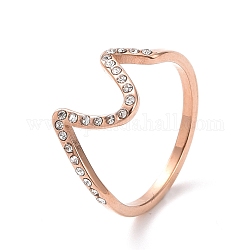 Кольцо на палец с волнистыми кристаллами и стразами, ионное покрытие (ip) 304 ювелирное изделие из нержавеющей стали для женщин, розовое золото , размер США 7 (17.3 мм)
