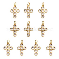 10Pcs Rack Plating Brass Micro Pave Clear Cubic Zirconia Pendants, with Jump Rings, Long-Lasting Plated, Cadmium Free & Lead Free, Cross, Real 18K Gold Plated, 16.5x11x2.5mm, Hole: 3.2mm