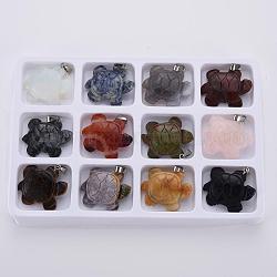 Pendentifs en pierres gemmes, avec fermoirs en laiton, mixedstyle, tortue, platine, pierre mixte, 43x36x11mm, Trou: 11x4mm, 12 pcs / boîte