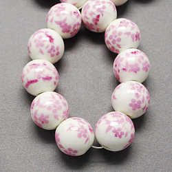 Abalorios de la porcelana hecha a mano impresos, redondo, rosa perla, 6mm, agujero: 2 mm
