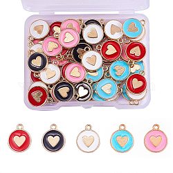 50Pcs 5 Colors Alloy Enamel Charms, Light Gold, Flat Round with Heart, Mixed Color, 14x11.5x2mm, Hole: 1.6mm, 10pcs/color