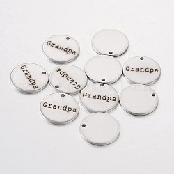 Ciondoli in acciaio inox, rotonda e piatta con la parola nonno, colore acciaio inossidabile, 15x1mm, Foro: 1.3 mm