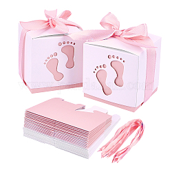 PandaHall 60 Sets Newborn Baby Footprints Candy Boxes, Baby Shower Candy Boxes Folding Boxes Pink Paper Gift Box with Ribbon Birthday Party Gift Favor (2.4 x 2.4 x 2.4 Inch)