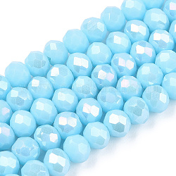Chapelets de perles en verre électroplaqué, couleur unie opaque, de couleur plaquée ab , facette, rondelle, lumière bleu ciel, 4x3mm, Trou: 0.4mm, Environ 130 pcs/chapelet, 16.54 pouce (42 cm)