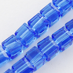 Hilos de abalorios de vidrio, facetados, cubo, azul real, 7~8x7~8x7~8mm, agujero: 1 mm, aproximamente 72 pcs / cadena, 21.6 pulgada