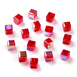 Electroplate Transparent Glass Beads, Faceted Cube, Rainbow Plated, Red, 6x6x6mm, Hole: 1.8mm