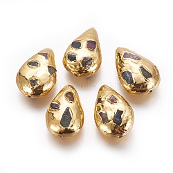 Perle di fossili neri naturali, con i risultati in ottone placcato oro, lacrima, 28~30x19~23x11mm, Foro: 0.8 mm