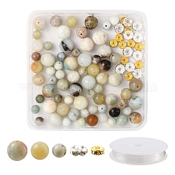 Kit de fabrication de bracelet de perles d'amazonite de fleurs naturelles, y compris les perles rondes d'amazonite de fleurs naturelles, perles d'espacement en fer rondelle strass et fil élastique, Perles d'amazonite à fleurs naturelles : environ 74 pièce/boîte.
